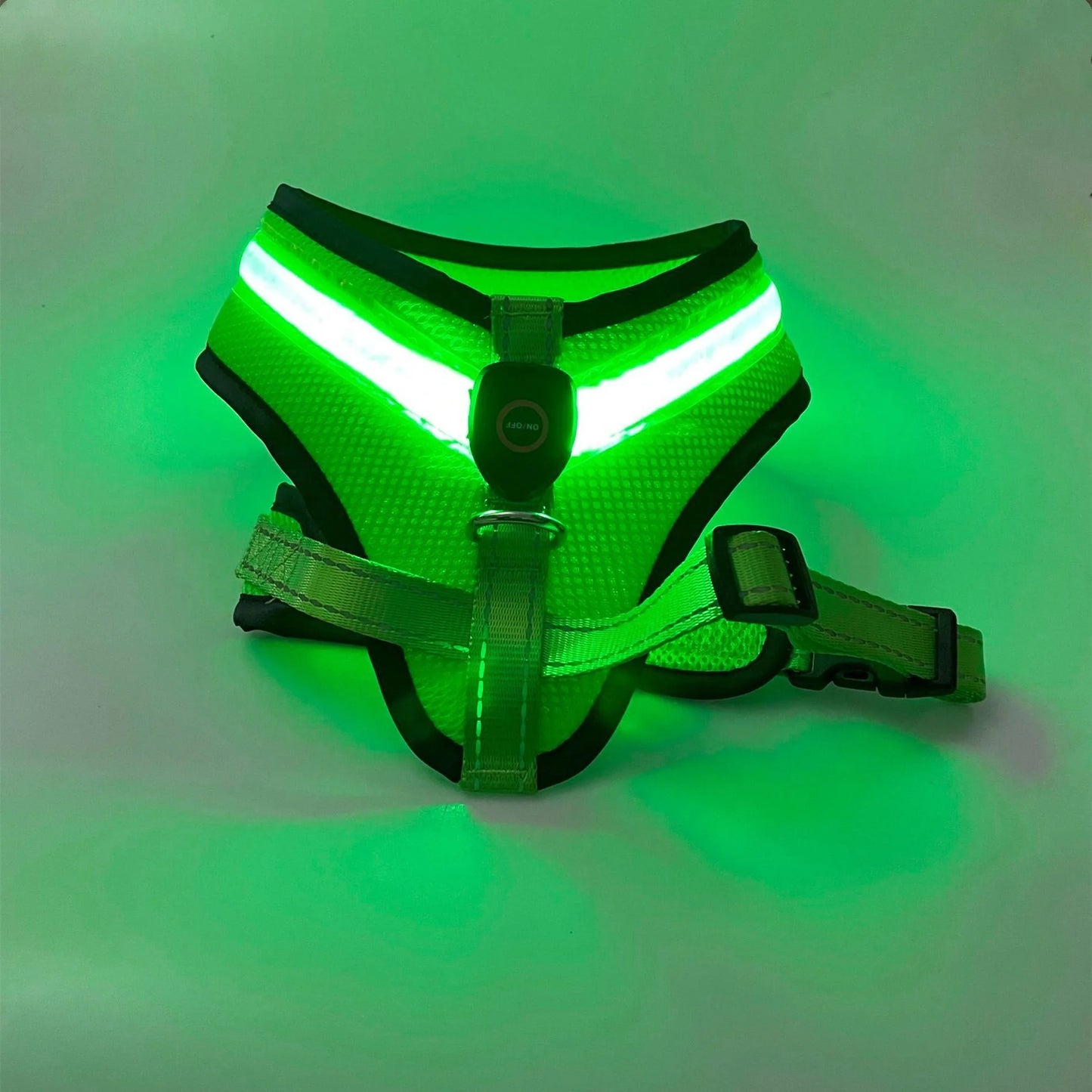 USB charging LED dog harness in blue, red, or green with reflective safety features