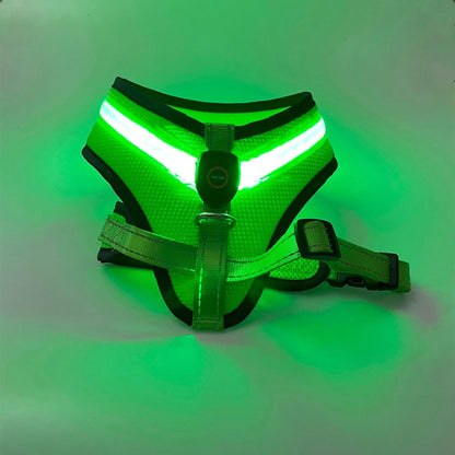 USB charging LED dog harness in blue, red, or green with reflective safety features