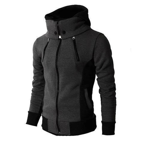 Men's zip-up hooded jacket with touchscreen functionality, available in light grey, white, dark grey, and beige white colors