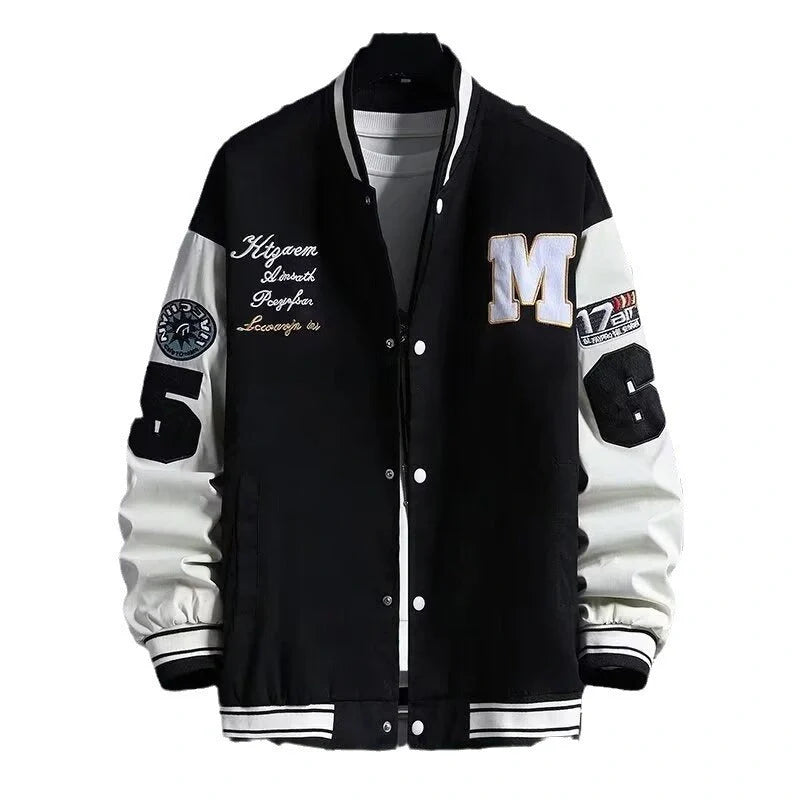 Stylish loose fit Hong Kong style baseball jacket for teens in black and beige
