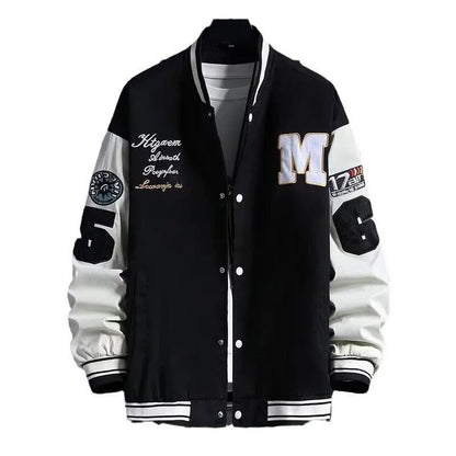Stylish loose fit Hong Kong style baseball jacket for teens in black and beige