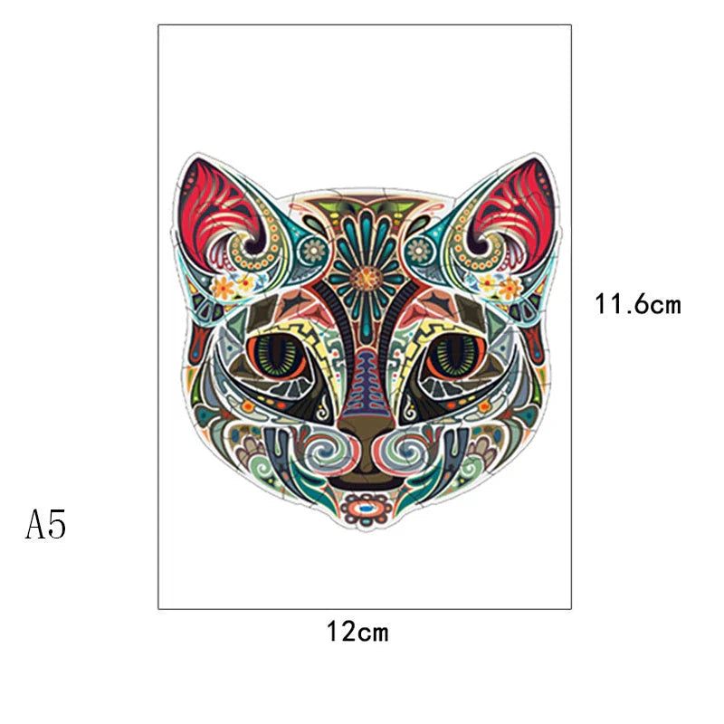 Charming wooden jigsaw puzzle featuring a whimsical flower-faced cat amidst a lush, floral landscape