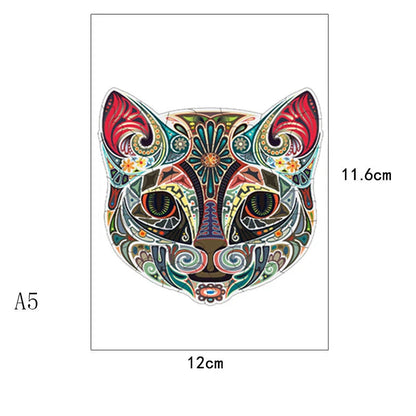 Charming wooden jigsaw puzzle featuring a whimsical flower-faced cat amidst a lush, floral landscape