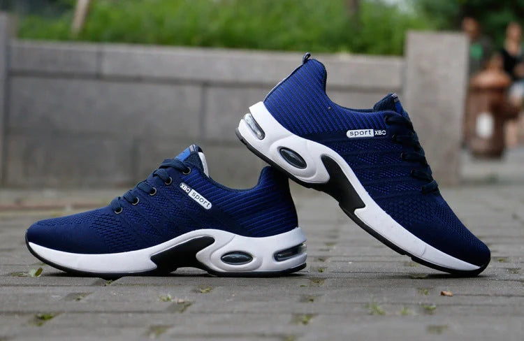 Men's breathable lace-up sports shoes in blue, black, grey, and black red