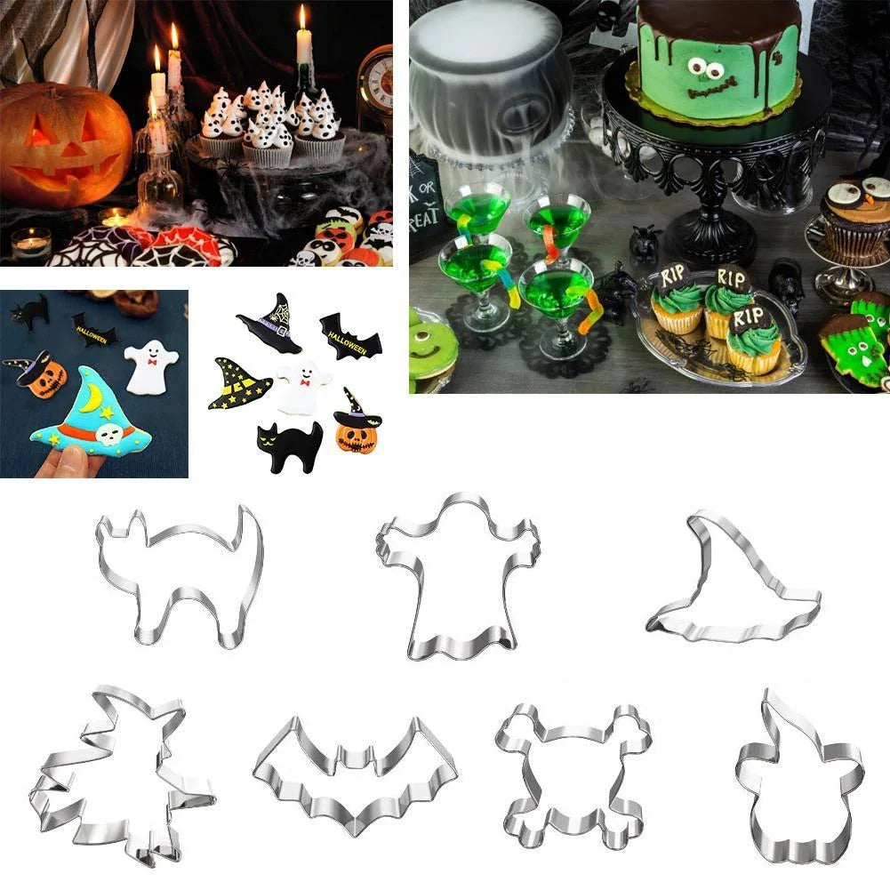 High-quality stainless steel Halloween-themed biscuit/cookie cutters in various spooky shapes like pumpkins, bats, cats, and skulls