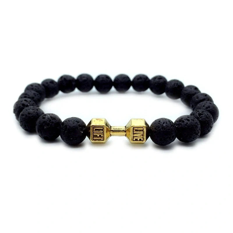 Men's fitness fashion dumbbell bracelet with black and white lava rock and alloy beads