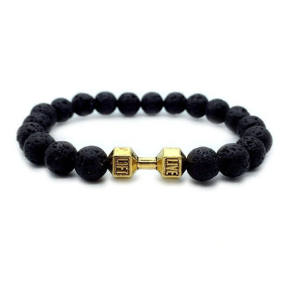 Men's fitness fashion dumbbell bracelet with black and white lava rock and alloy beads