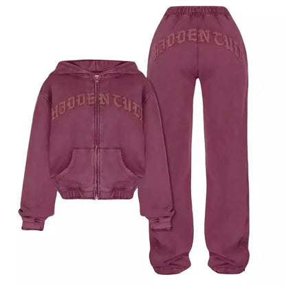 Retro Zip-Up Sports Suit with Cropped Sweatshirt and Drawstring Pants in Black, Green, Wine Red, and Pink