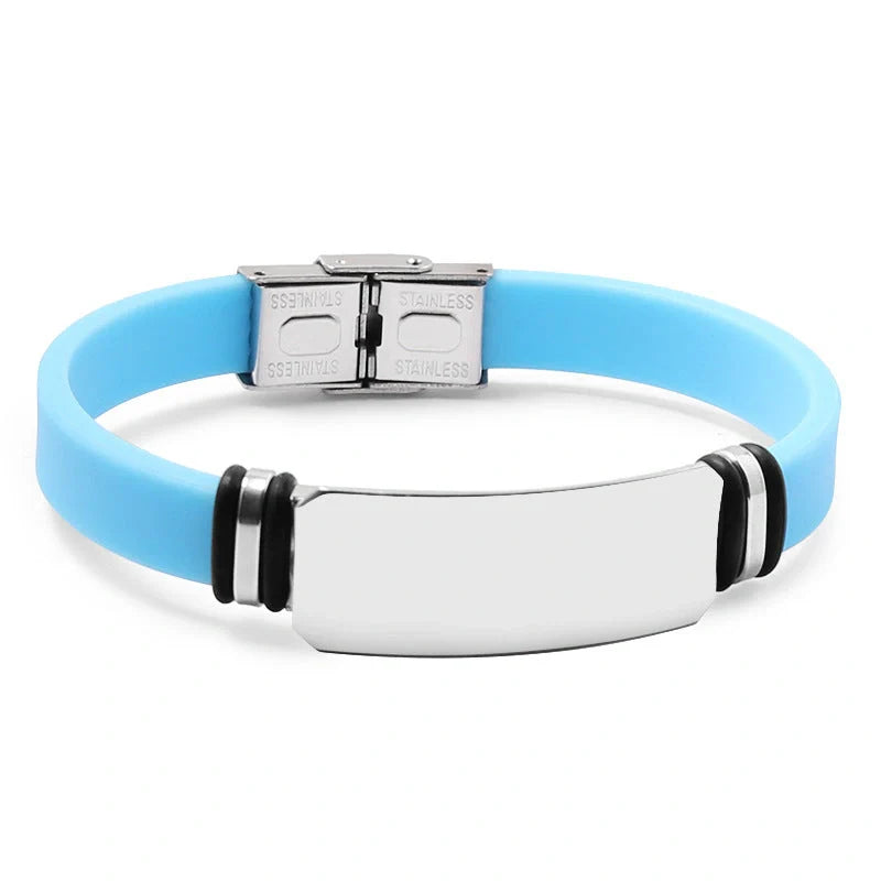 Custom engraved silicone bracelet with stainless steel accents in various colours