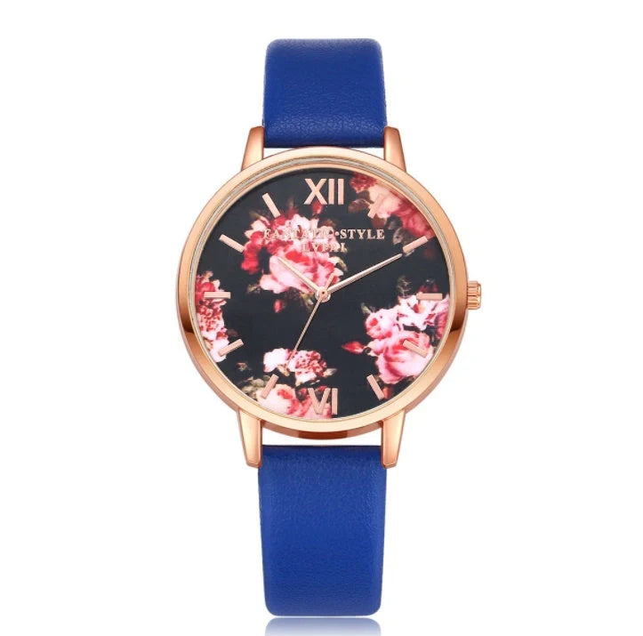 Rose gold quartz wrist watch with leather strap for women