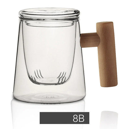 Premium borosilicate tea infuser cup with natural walnut handle, available in various sophisticated colour options