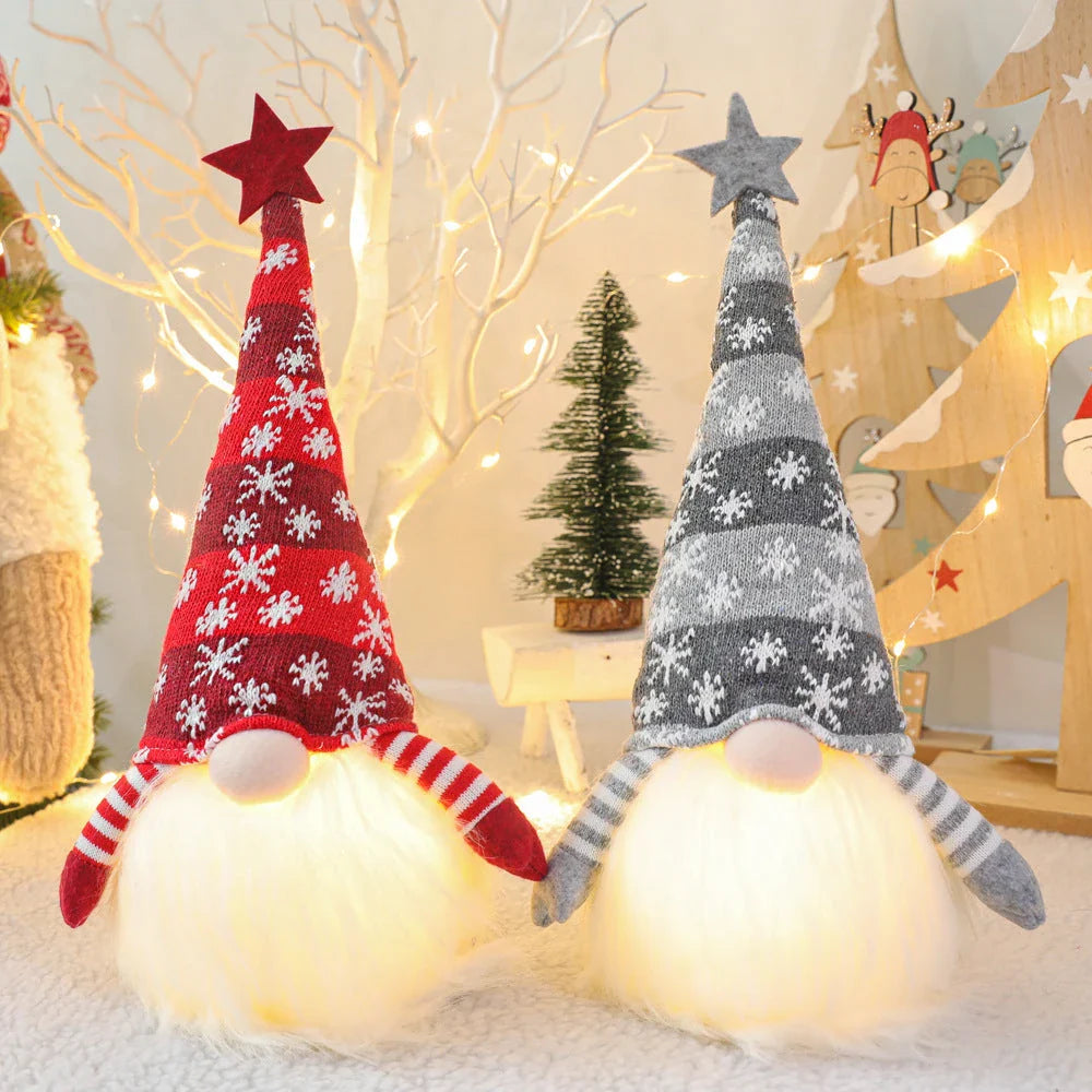 Festive faceless gnome figures in various colours, including green, red, and grey, adding a whimsical touch to Christmas home decor