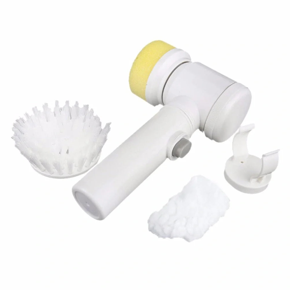 5-in-1 electric cleaning brush with white handle and three interchangeable heads