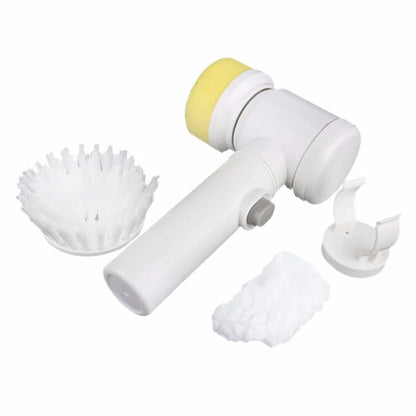 5-in-1 electric cleaning brush with white handle and three interchangeable heads