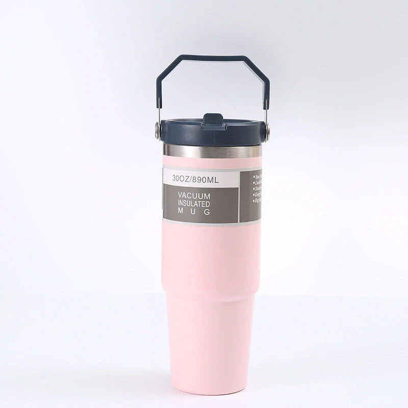 Stainless steel insulated tumbler with handle, available in multiple colors and sizes, designed to keep drinks hot or cold for hours.