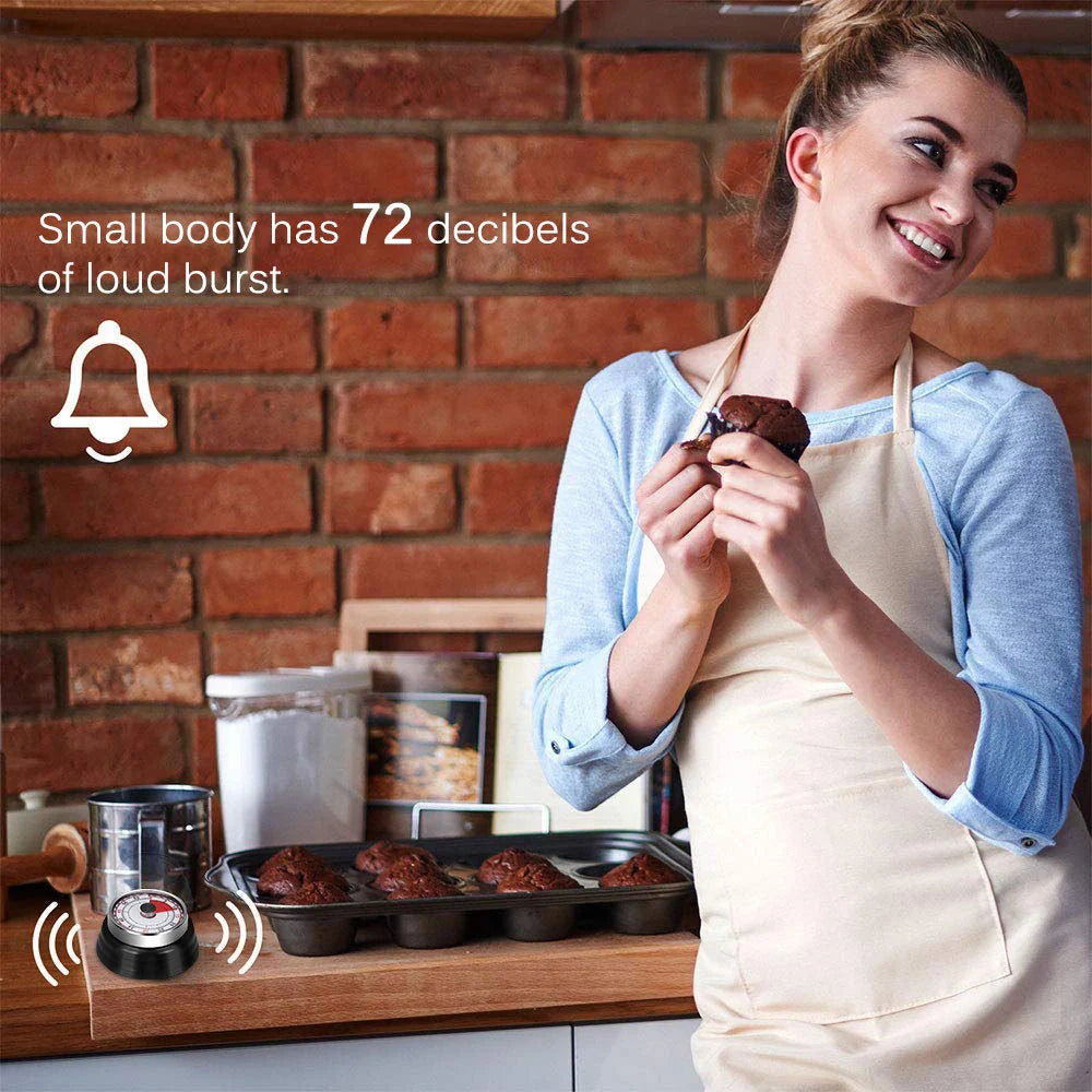 Stainless steel mechanical kitchen timer with magnetic back in black, red, or white