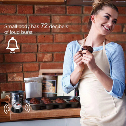 Stainless steel mechanical kitchen timer with magnetic back in black, red, or white
