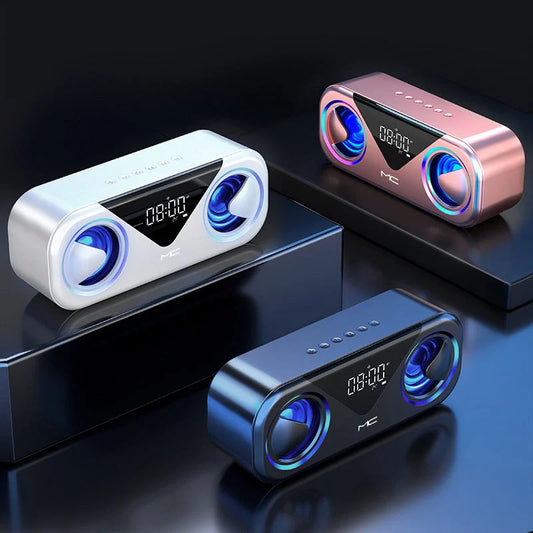 MC H9 Bluetooth Speaker Wireless Alarm Clock with Temperature Display in black, gold, and white