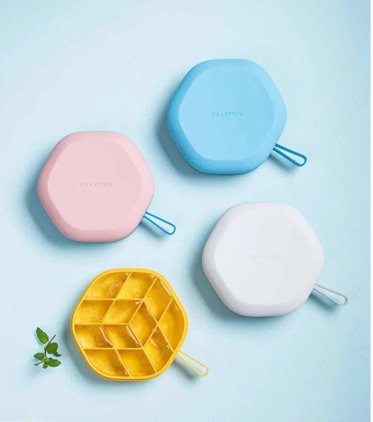 Silicone hexagon-shaped 3D ice cube tray with lid, available in various colours
