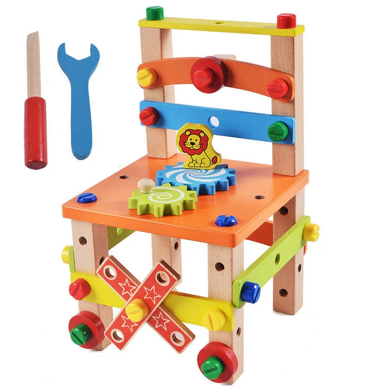 Premium quality wooden building block chair toy for children, featuring smooth surfaces and innovative nut-based assembly system for endless creative possibilities.