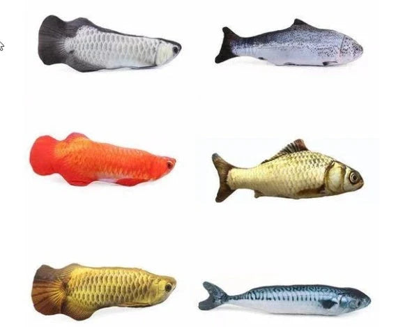 Soft, durable and realistic cat plush toy in the shape of a fish pillow, available in various sizes and designs.