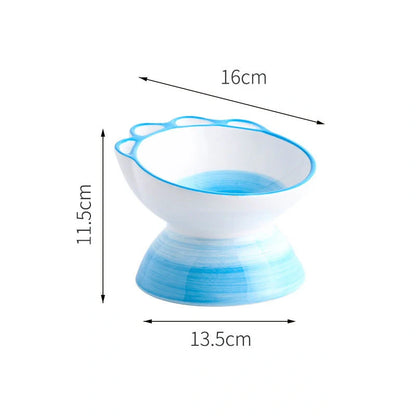 Ceramic pet bowl with 15-degree incline design in pink, green, and blue