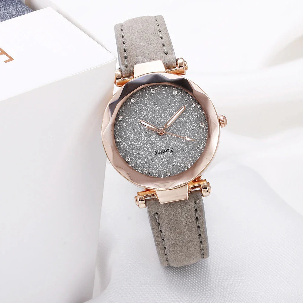 Stylish and versatile starry-patterned watch with a sleek case and comfortable leather strap, available in a variety of captivating colors