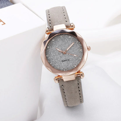Stylish and versatile starry-patterned watch with a sleek case and comfortable leather strap, available in a variety of captivating colors