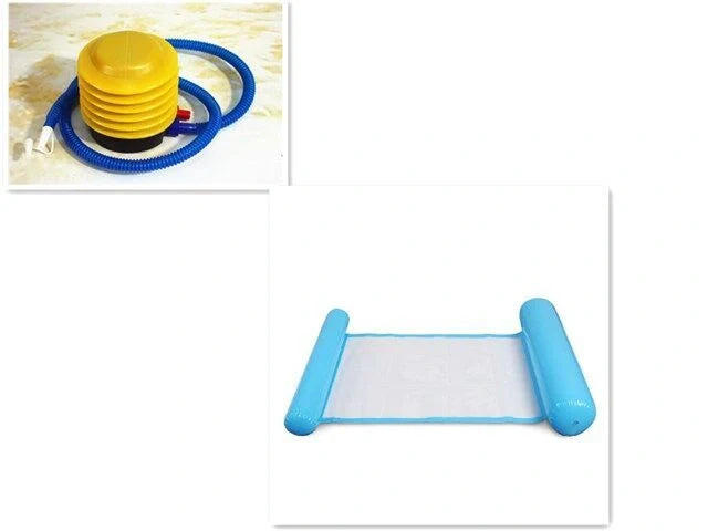 Inflatable water lounge chair in blue, floating in pool with hammock-style design