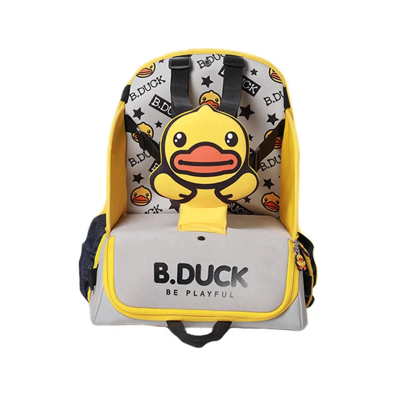 Multifunctional baby bag with portable child dining chair in yellow, perfect for parents travelling with babies