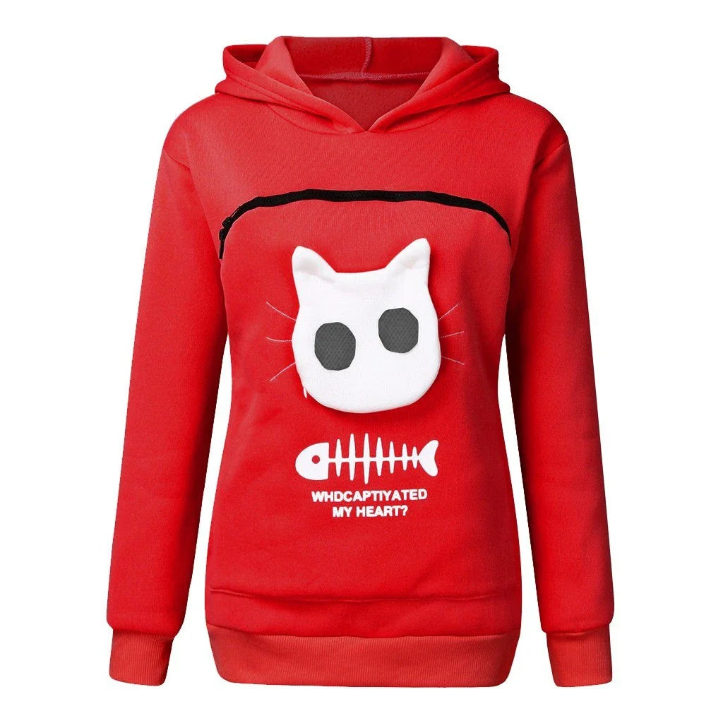A stylish hooded jumper with a unique cat-themed pocket design, made from premium cotton fabric.