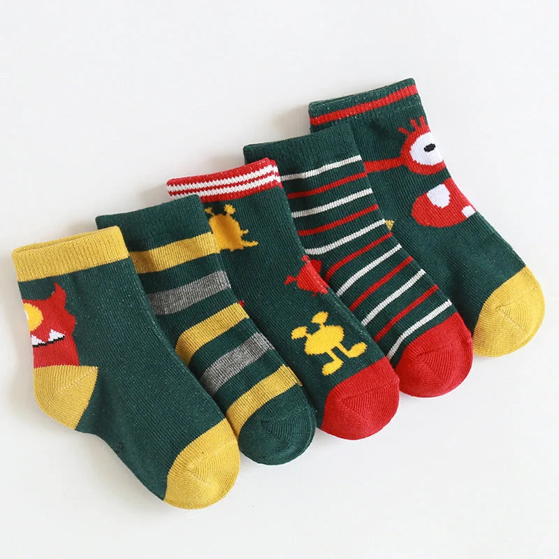 Kids' cartoon jacquard cotton socks in various fun designs for comfort and style