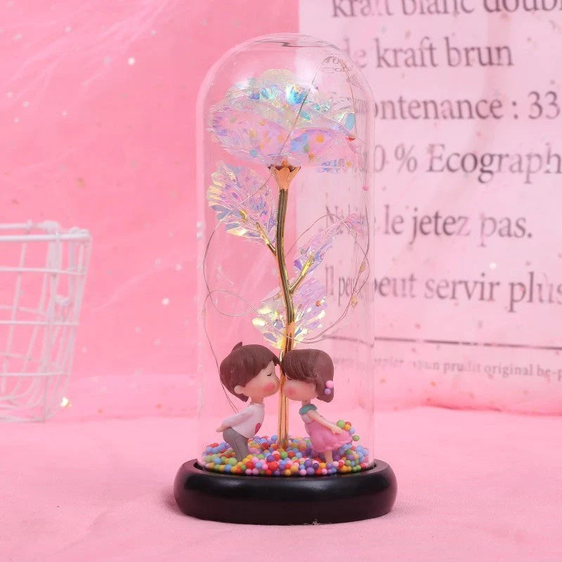 Enchanted Forever Rose in Glass LED Light decoration with realistic rose and wooden base