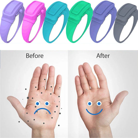 Premium wearable hand sanitiser dispenser bracelet in various colours, made with durable silicone TPU material