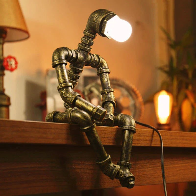 Vintage Industrial Table Lamp with Retro Water Pipe Design in Green Bronze Finish
