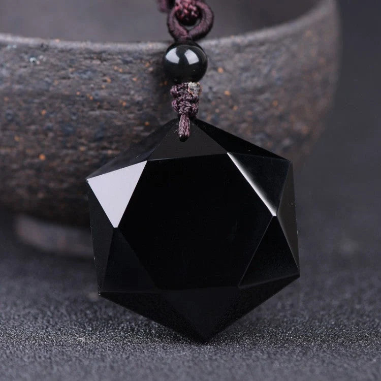 Handcrafted obsidian six-pointed star pendant sweater chain, elegant and unique jewellery piece
