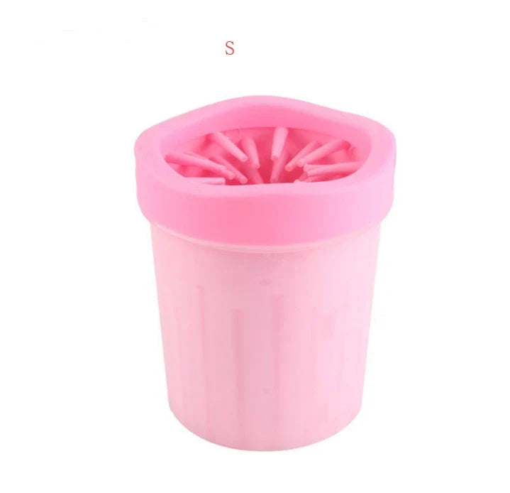 Silicone Dog Paw Washer Cup in various colors and sizes, featuring soft bristles for gentle cleaning.