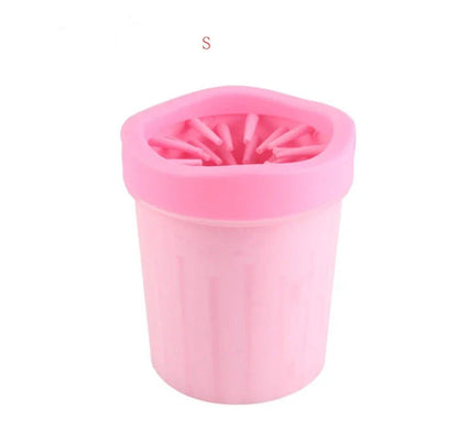 Silicone Dog Paw Washer Cup in various colors and sizes, featuring soft bristles for gentle cleaning.