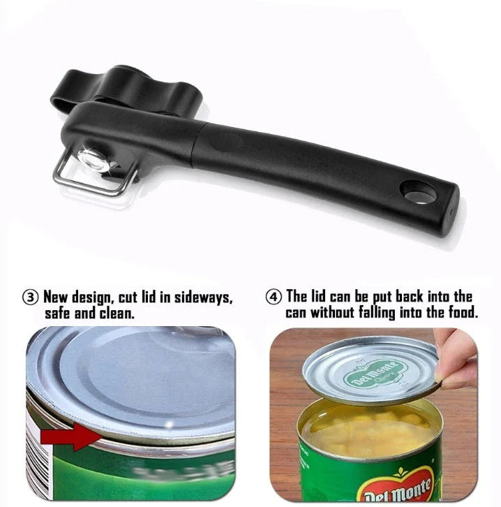 Durable electric can opener with bottle opener and side cover for one-handed operation, made of stainless steel with heat-treated cutting wheel