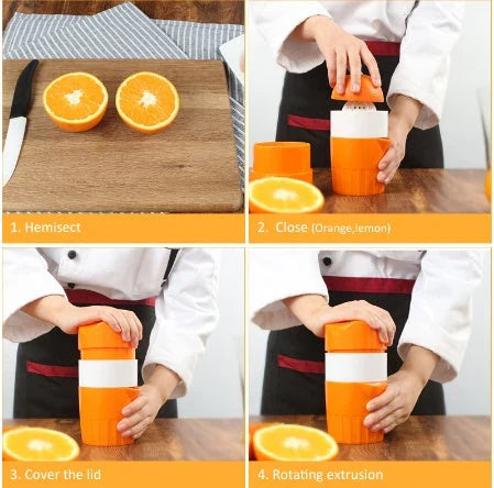 Premium manual citrus juicer with 300ml capacity, made of durable plastic and available in orange and pink colours
