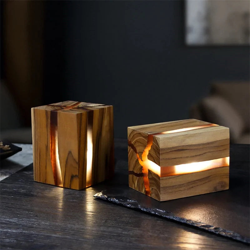 Adjustable wooden LED desk lamp with USB charging port in rustic brown finish