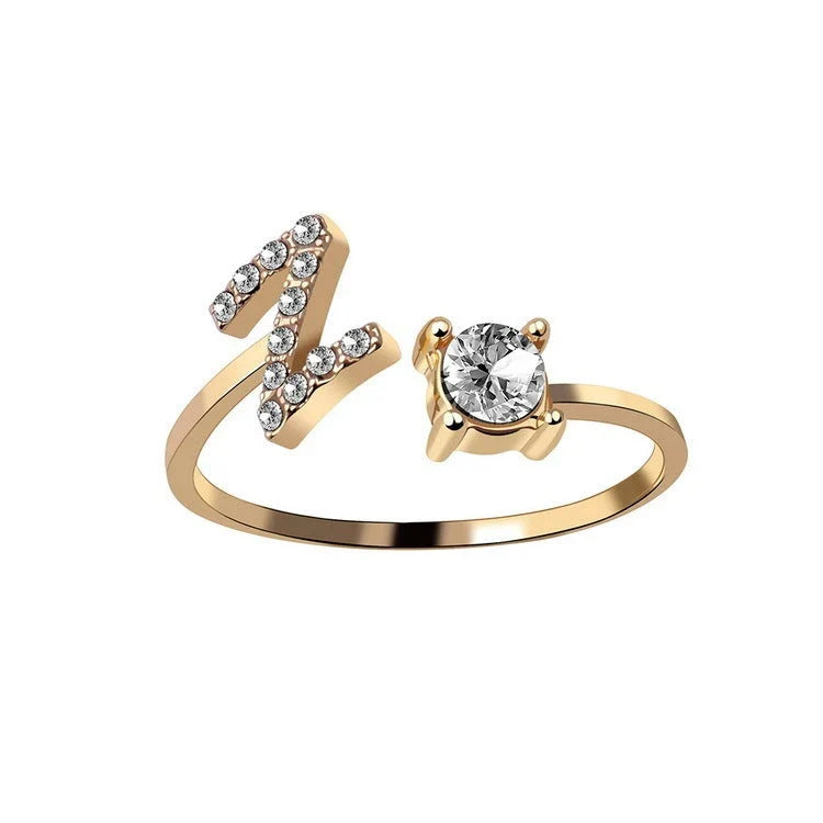 Customizable adjustable ring with 26 letters for women, featuring zircon stones and copper alloy construction