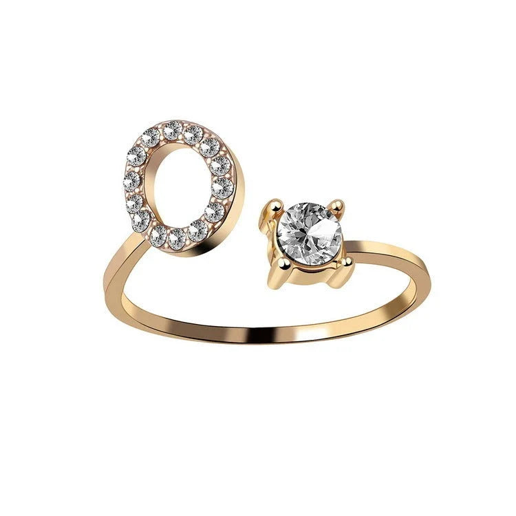 Customizable adjustable ring with 26 letters for women, featuring zircon stones and copper alloy construction