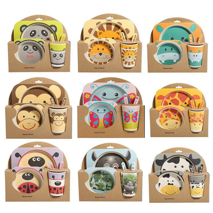 Five-piece bamboo fibre children's tableware set with plates, bowls, cups, spoons, and forks in various animal-themed designs
