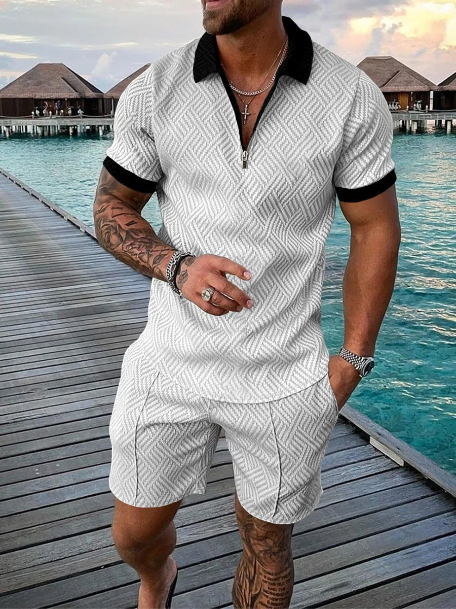 Men's casual contrast polo zip lapel shirt with shorts set in various colours