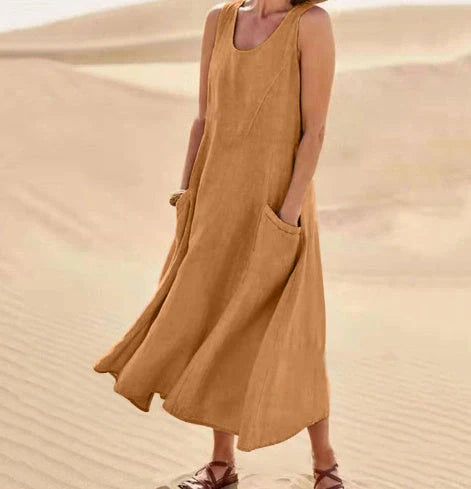 Stylish summer sleeveless long dress with pockets in various colours