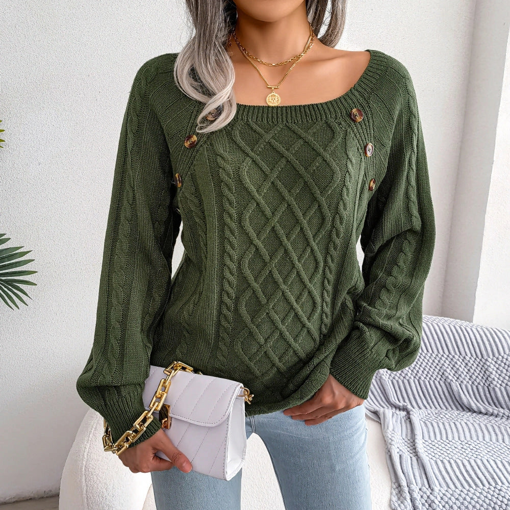 Women's square neck knitted sweater with button design in various colours