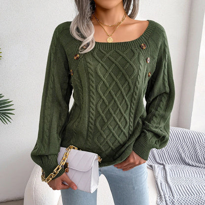 Women's square neck knitted sweater with button design in various colours