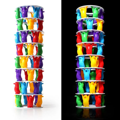 Stackable penguin-themed balance game with colourful plastic pieces for building challenging towers