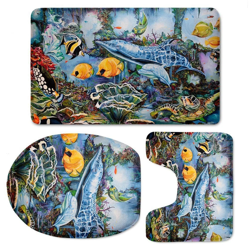 Custom 3D style bathroom set with flannel floor mats and toilet seat cover